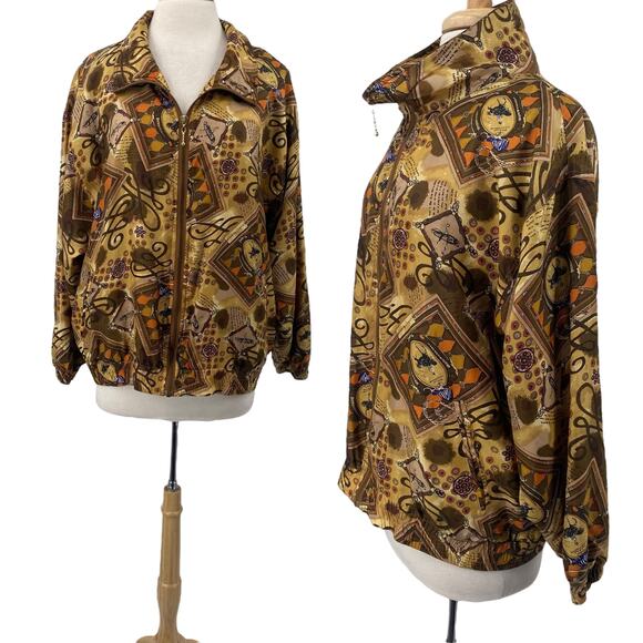 Vintage Equestrian Print Bomber Jacket Brown Tan Gold EUC Size L 100% Silk - Picture 3 of 12